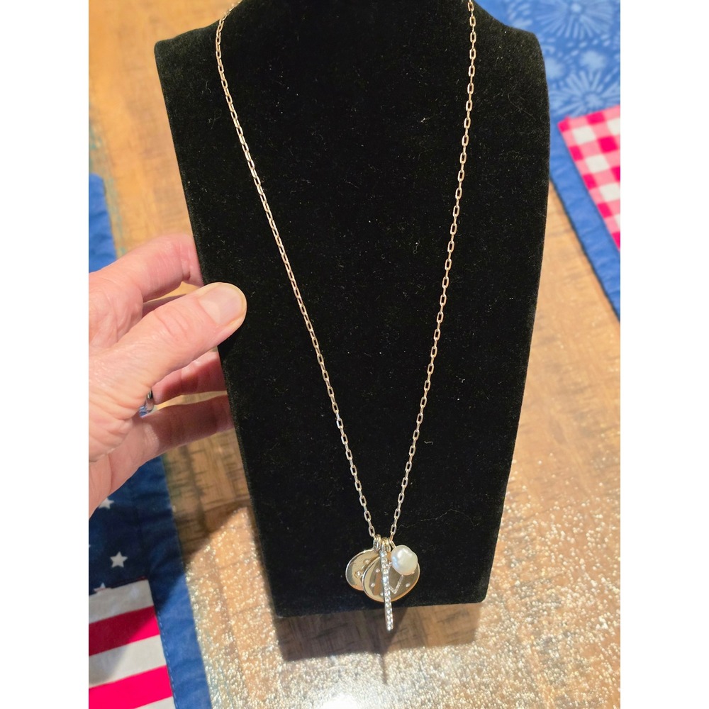 Gold Tone Multi Charm Celestial Necklace Pave Rhinestone Disc Bar and‎ Pearl